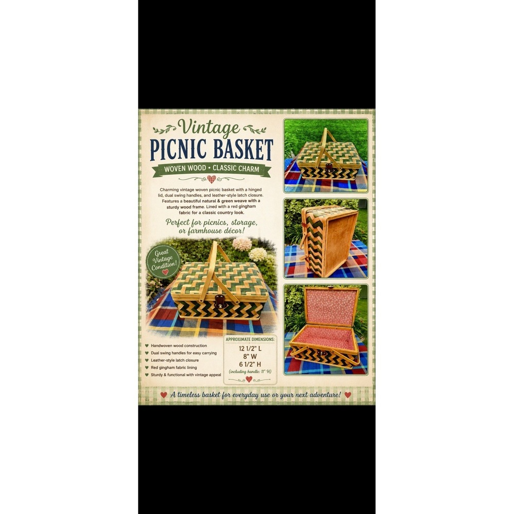 Vintage Woven Wood Picnic Basket Leather Closure, Green, Wicker, Cotton Mcm